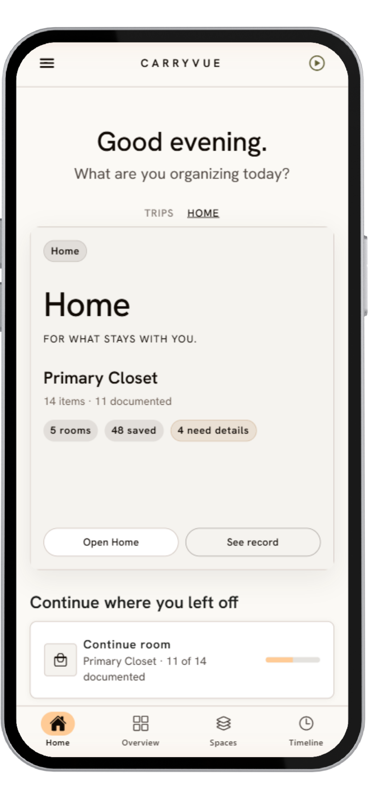 CarryVue Home screen showing rooms and home record controls.