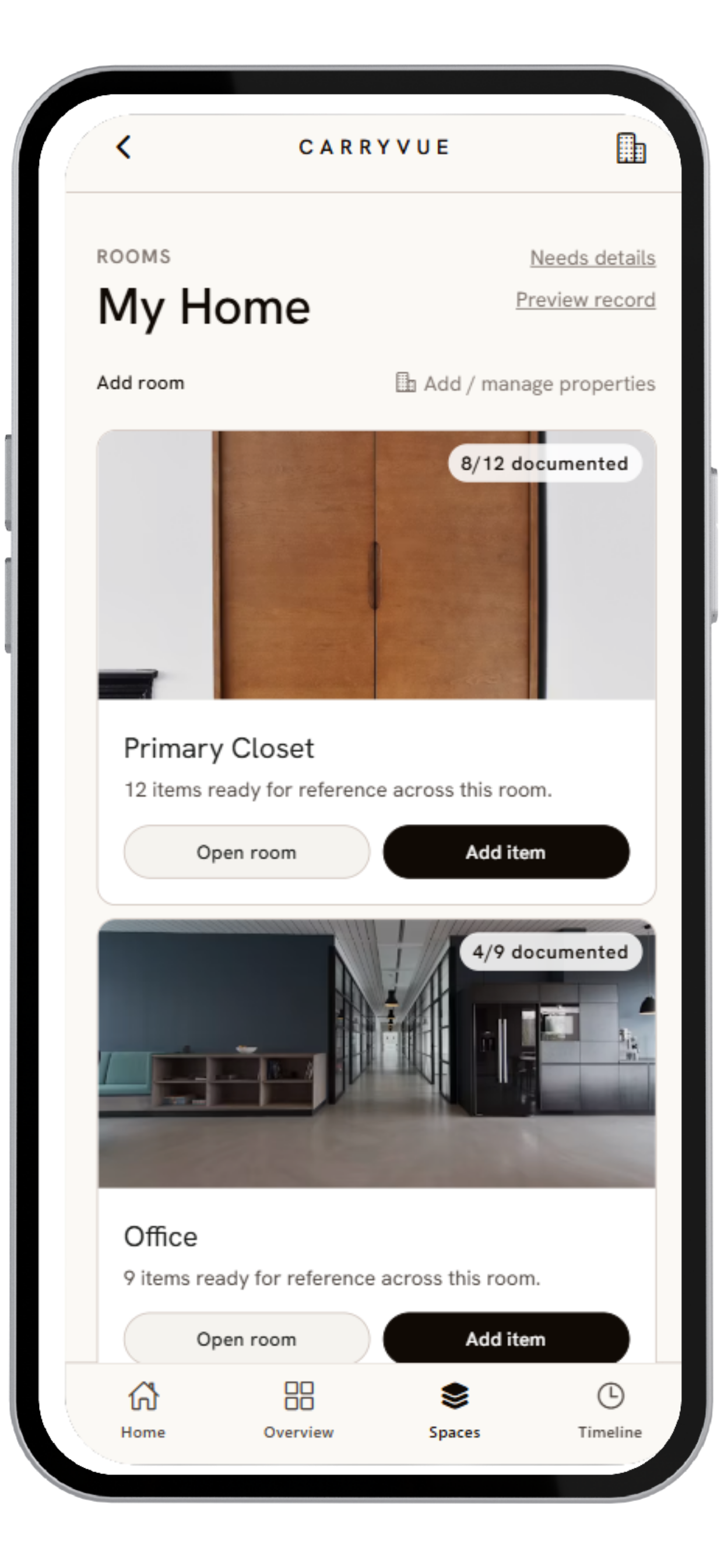 CarryVue rooms screen