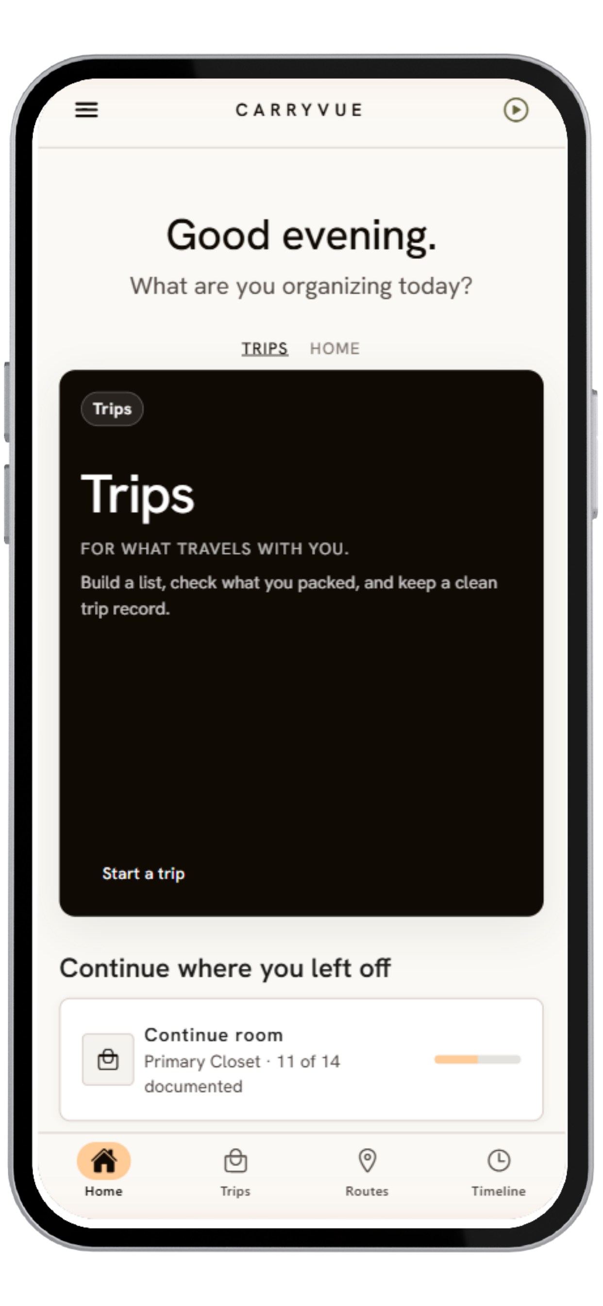 CarryVue Trips home screen showing active trips and trip records.