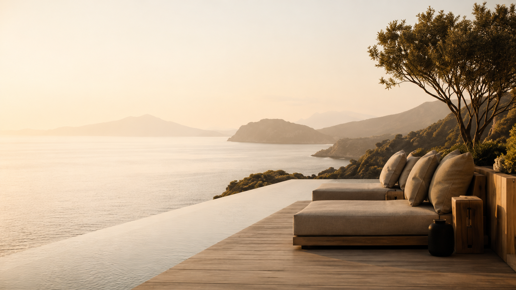 A serene luxury coastal terrace overlooking the sea at golden hour.