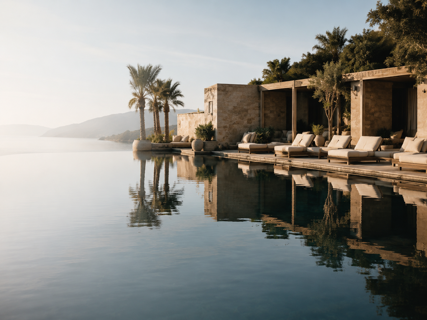 A quiet luxury coastal resort with an infinity pool and warm morning light.