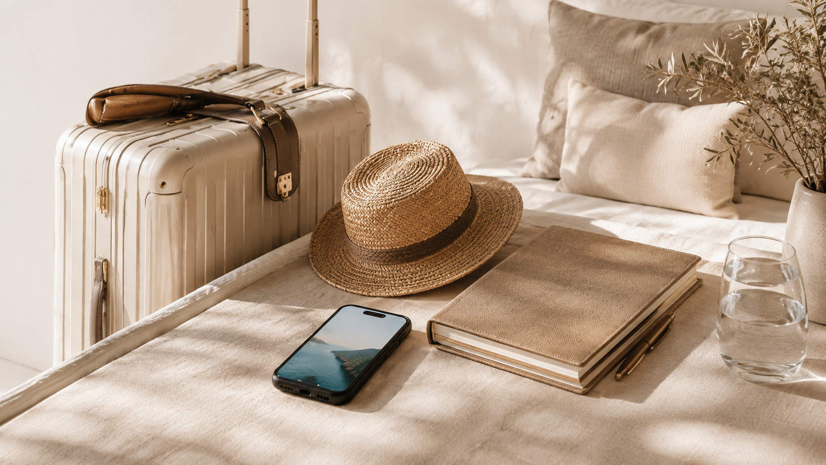 Luxury travel essentials arranged on a sunlit bed: luggage, hat, phone, notebook, and water.